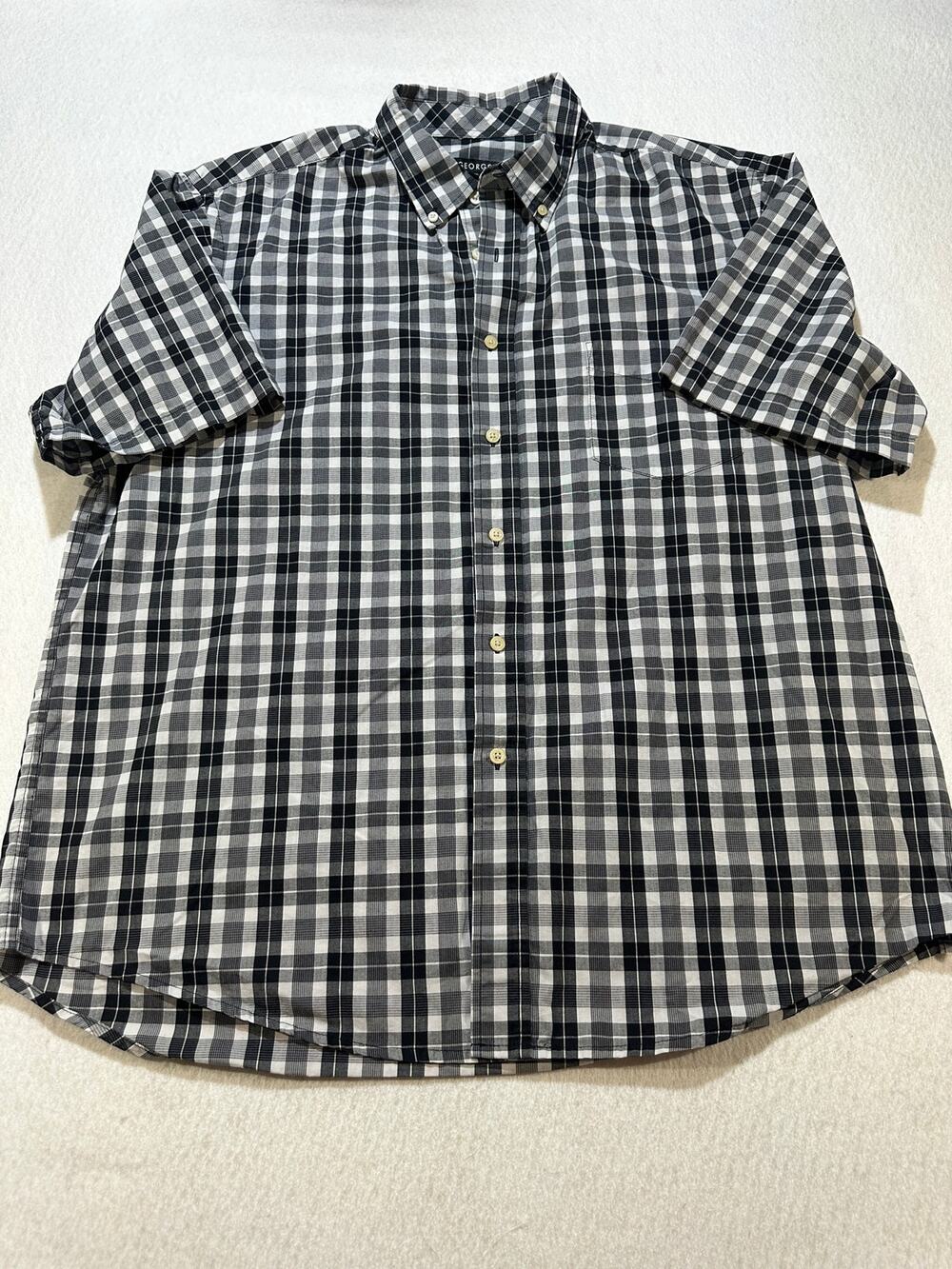 George Men’s XL 46-48 Plaid Button Down Shirt Black Gray Short Sleeve Casual